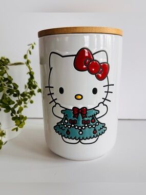 Sanrio Hello Kitty Holiday Ceramic Jar in White, Red & Teal 7” Tall NWOT